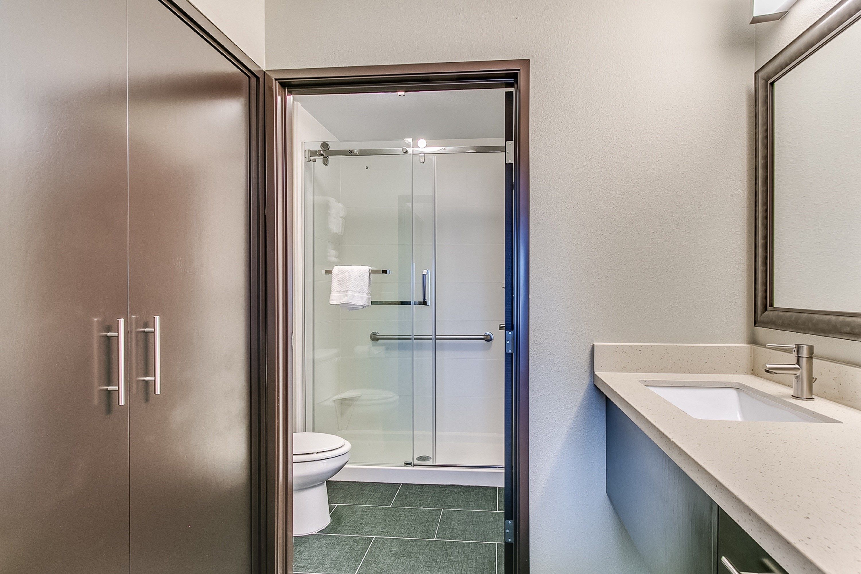 image Get ready for your day in the bathroom.