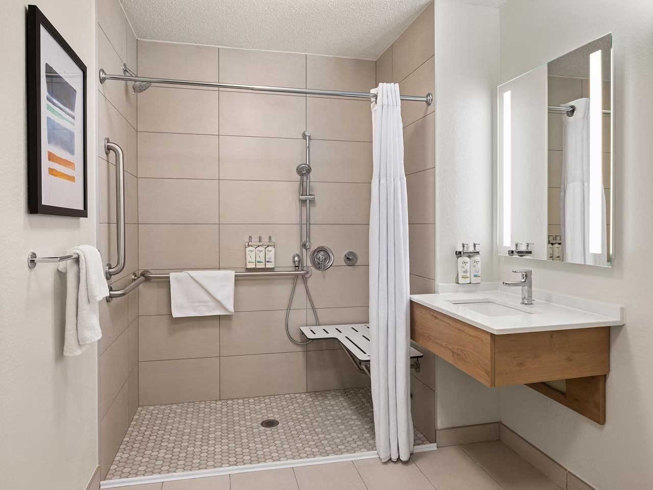 image Accessible bathroom with roll-in shower and grab bars — hair dryer and complimentary toiletries provided