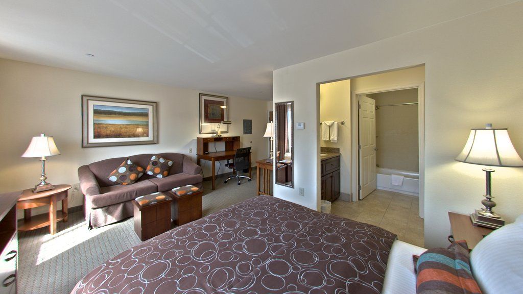 image Relax in a cozy living space, complete with a queen bed and stylish seating area perfect for unwinding.