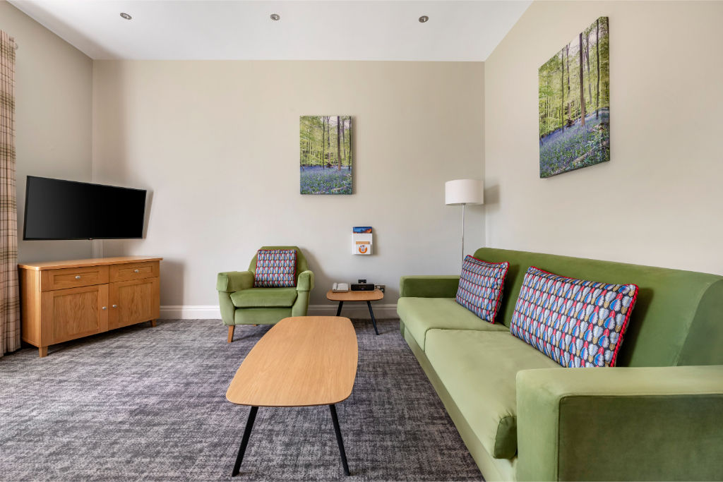 image Modern living space with a touch of color and ample natural light.