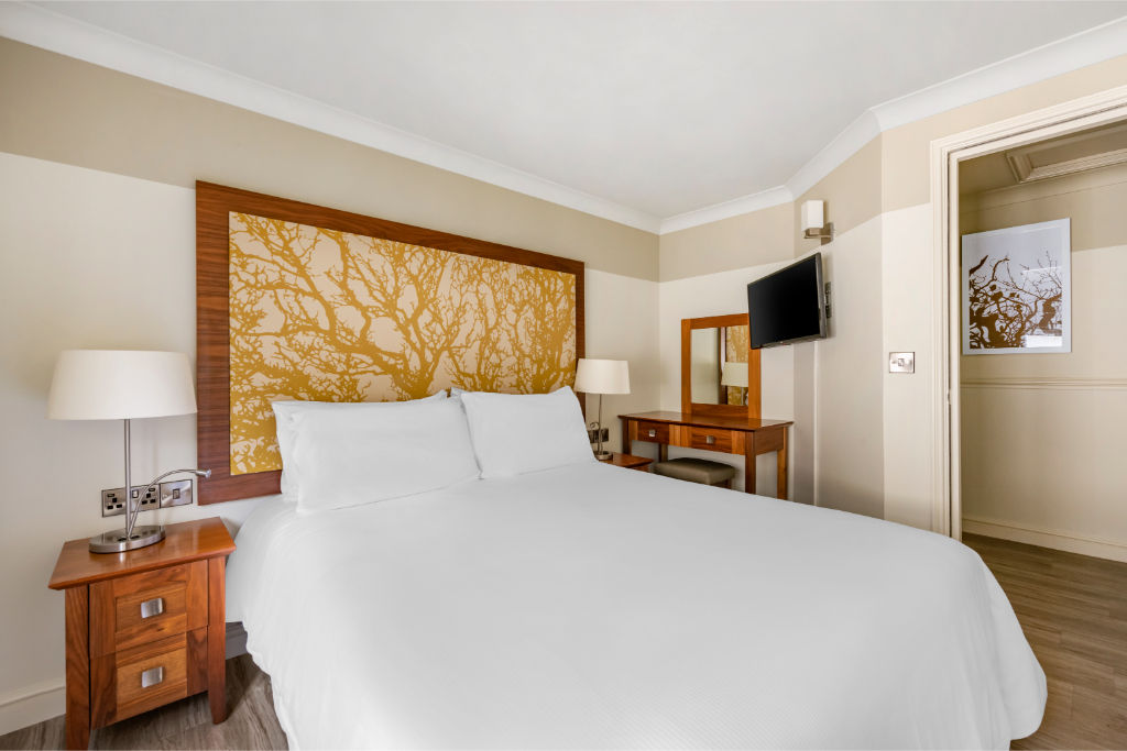 image A welcoming bedroom with a large bed and tasteful decor, offering a restful night's sleep.