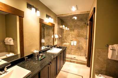 The bathroom is spacious and luxurious