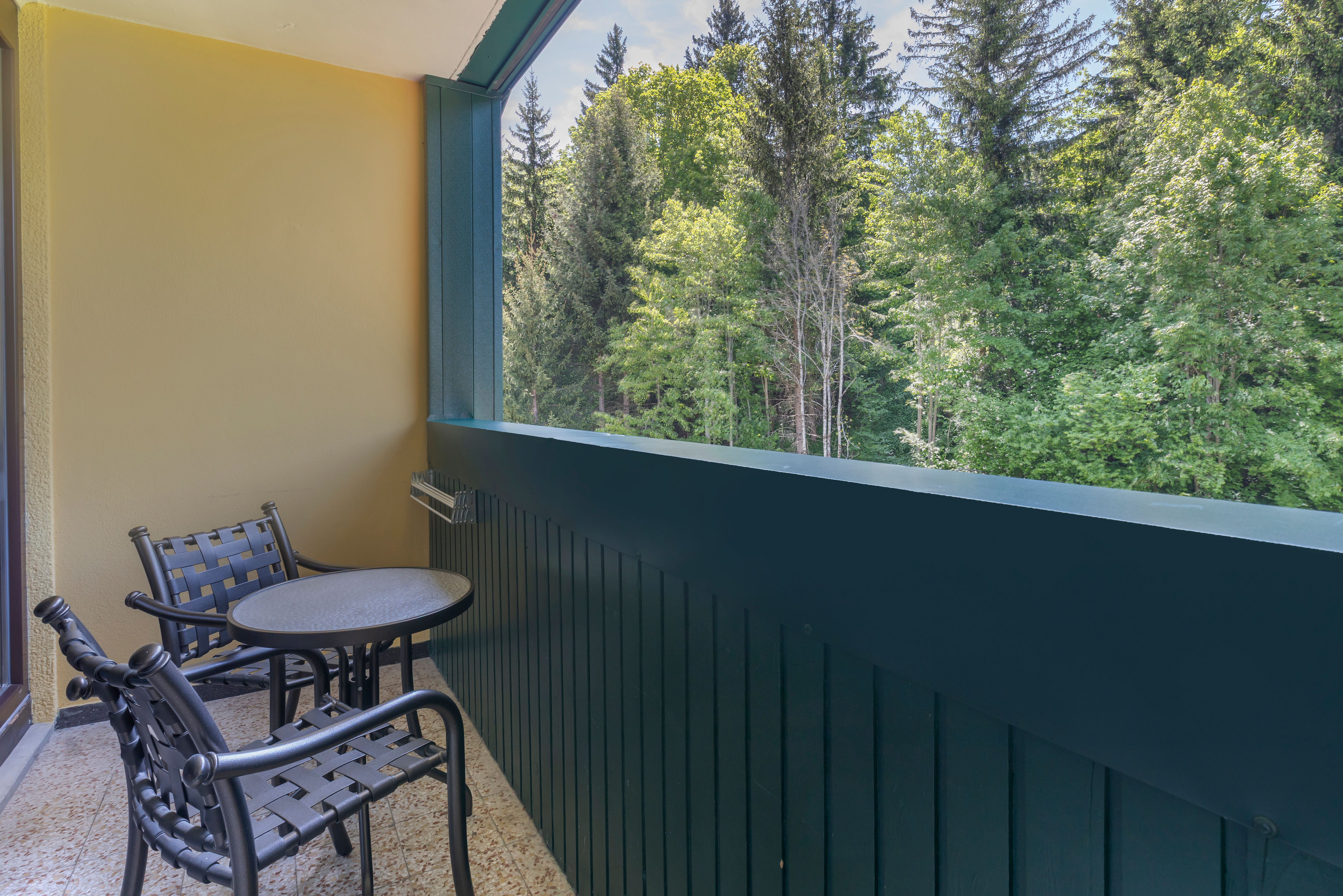 image Private balcony with seating for two, overlooking lush forest views perfect for peaceful mornings or relaxing evenings.