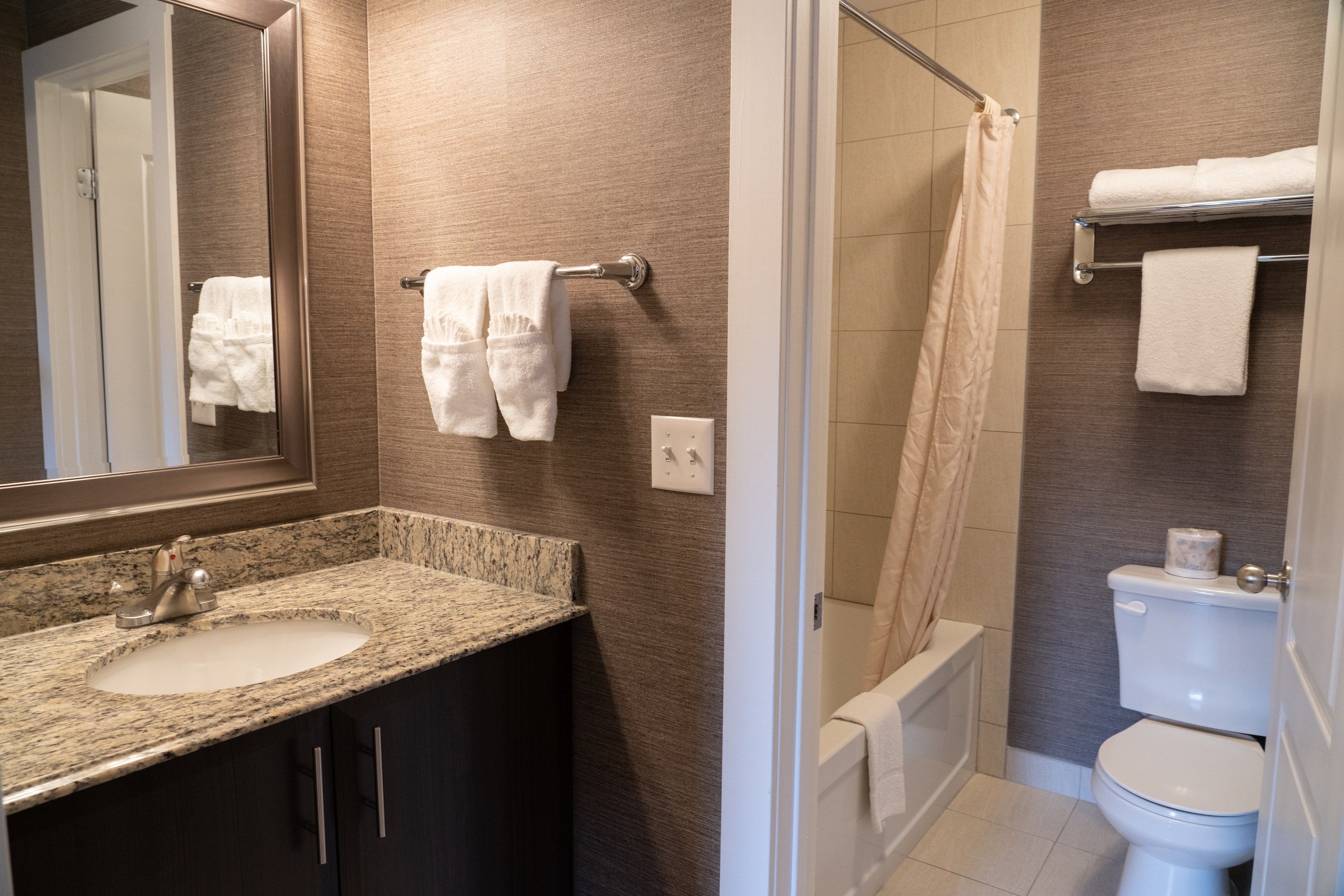 image Get ready for your day in the bathroom.