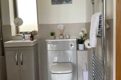 The bathroom features a towel rail.