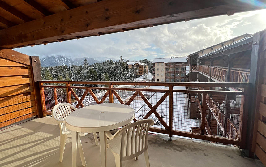 image Wooden beams overhead frame the balcony, where the snowy mountain scenery is on show.