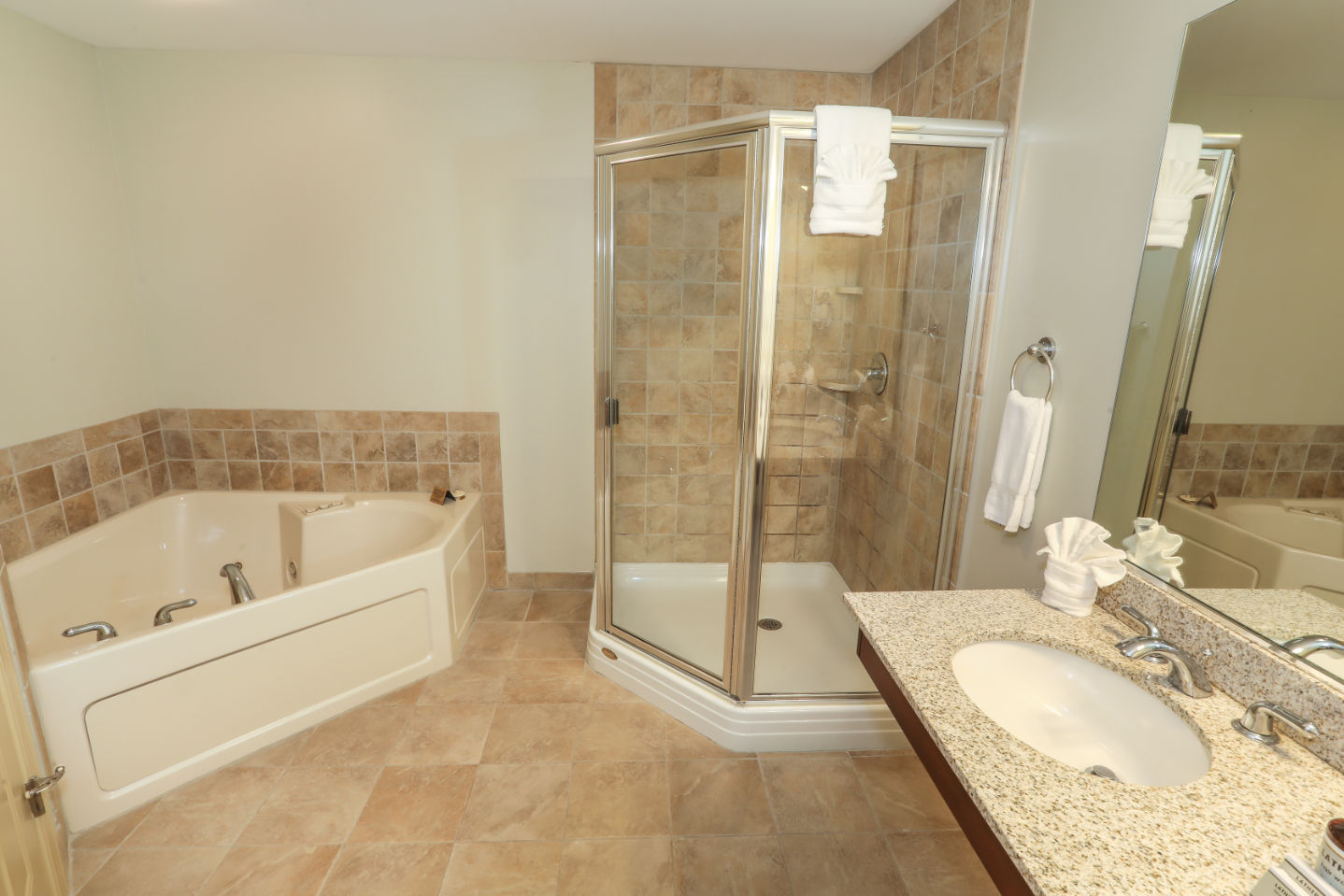 image Spa-like bathroom oasis with a luxurious soaking tub and spacious walk-in shower for ultimate relaxation.
