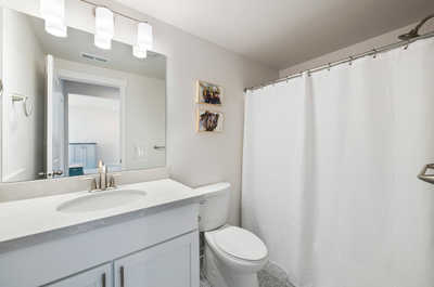 Elegantly designed bathroom with soft grey walls, a pristine white vanity counter, contemporary light fixtures, and nature-inspired artwork complementing the serene ambiance.