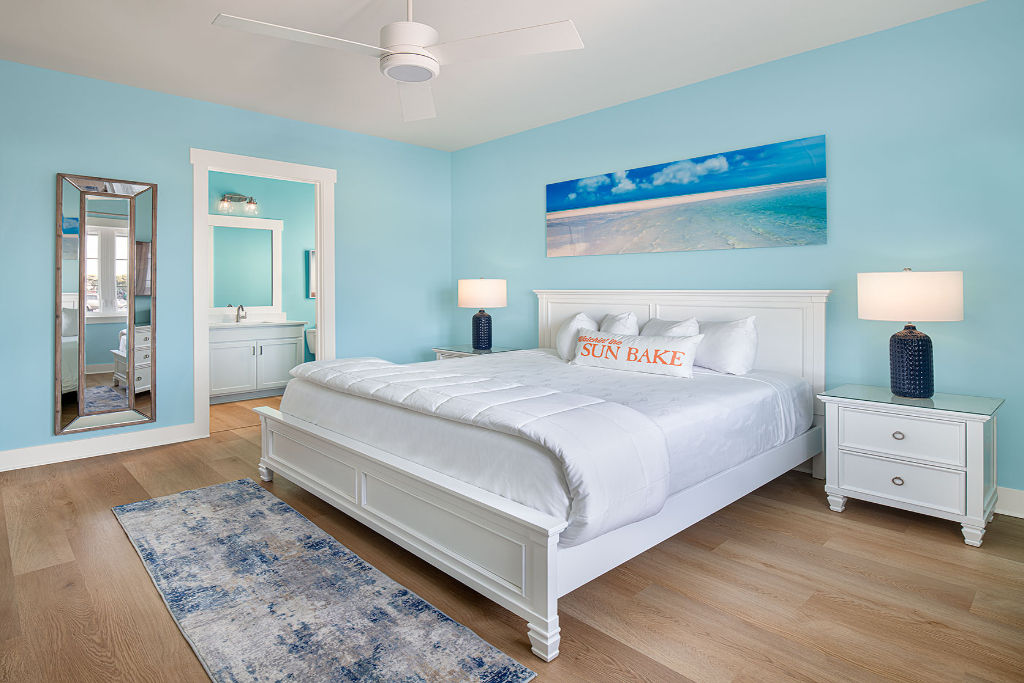 image Airy bedroom with calming blue accents, offering a tranquil retreat.