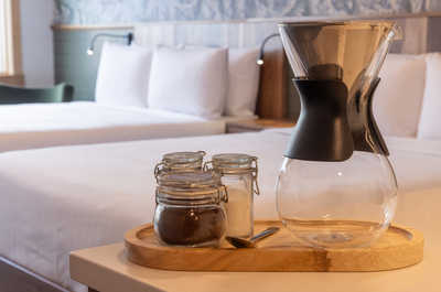 Close-up of a coffee setup in the room for a relaxing start to the day.