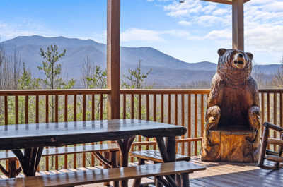 Enjoy the mountain air from our whimsical bear chair, part of the spacious deck with stunning ridge-top views.