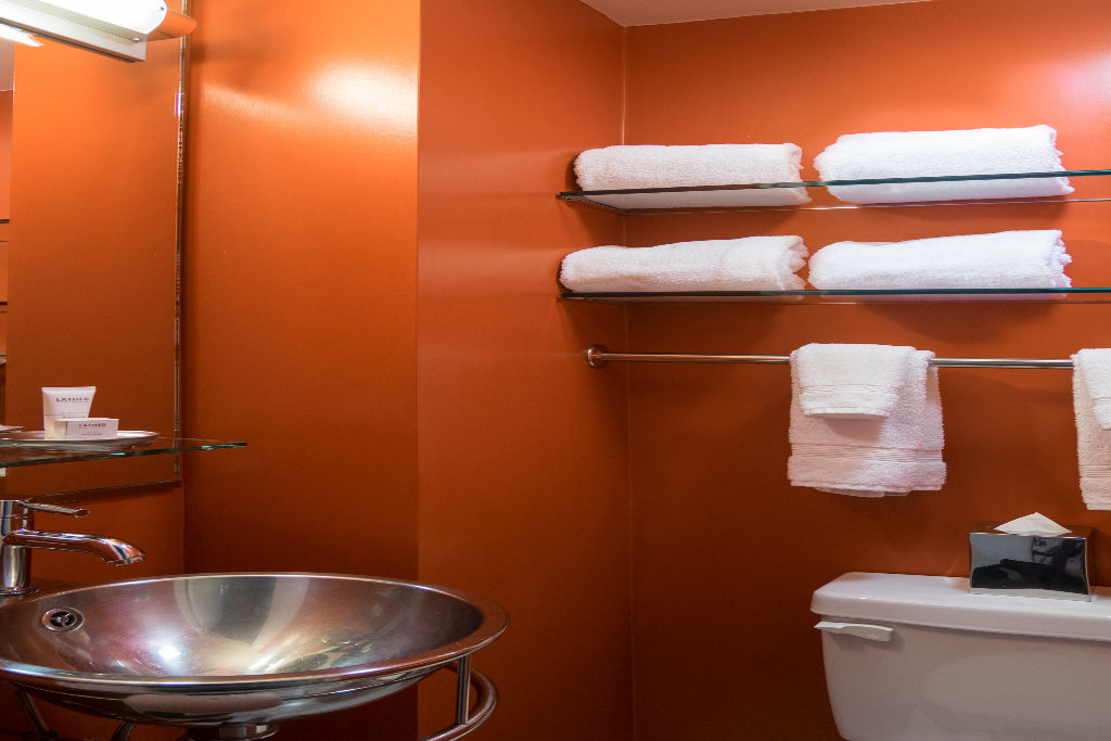 image Modern amenities wrapped in vibrant warmth for your refreshing routine.