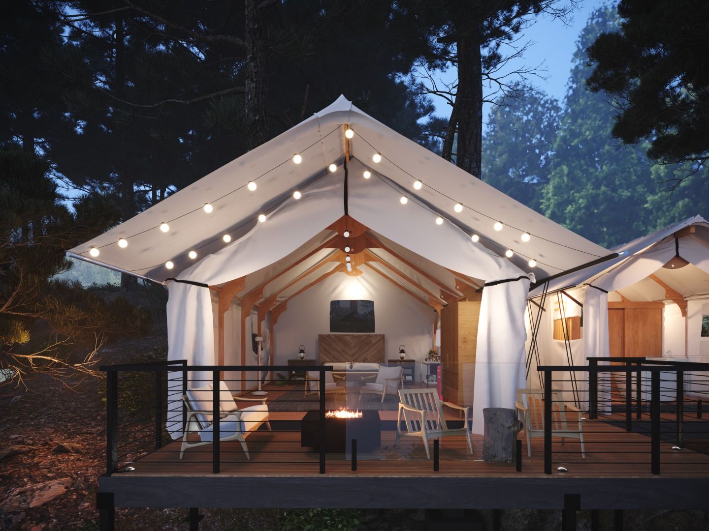 image A cozy glamping setup elevated among the trees, offering a peaceful retreat in nature.