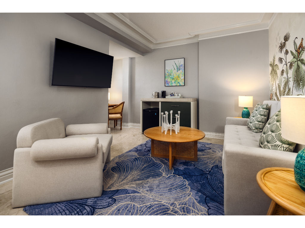 image Charming living space with plush seating and a large TV for relaxation.