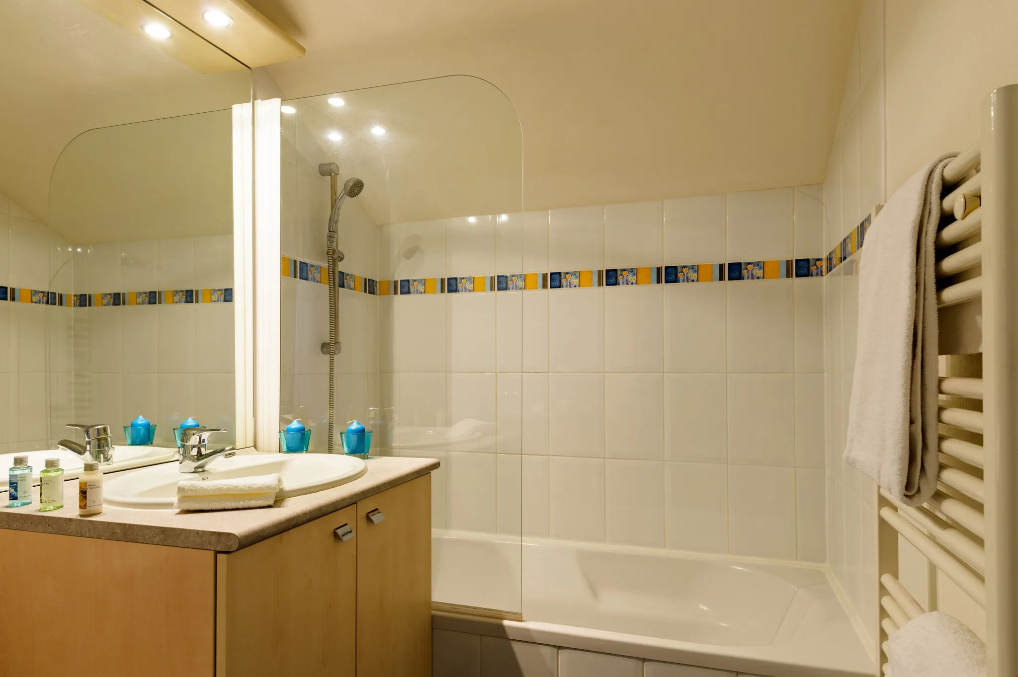 image Get ready for the day ahead in the bright bathroom.