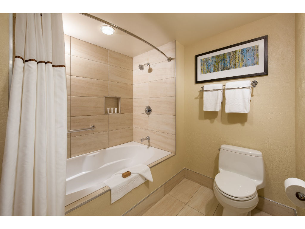 image Contemporary bathroom with a full tub and elegant finishes.