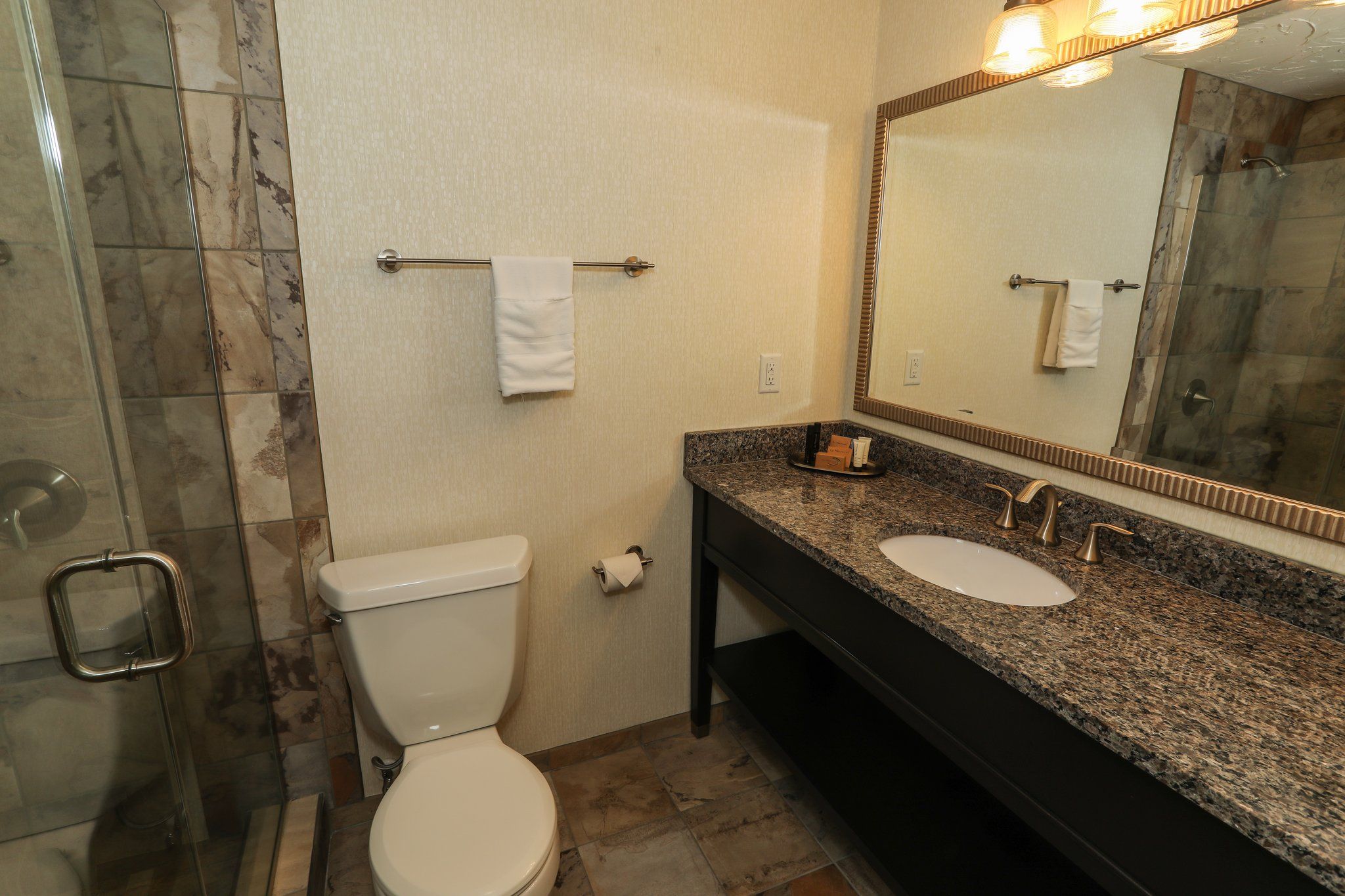 image Modern bathroom featuring a granite countertop, spacious vanity, and a walk-in shower.