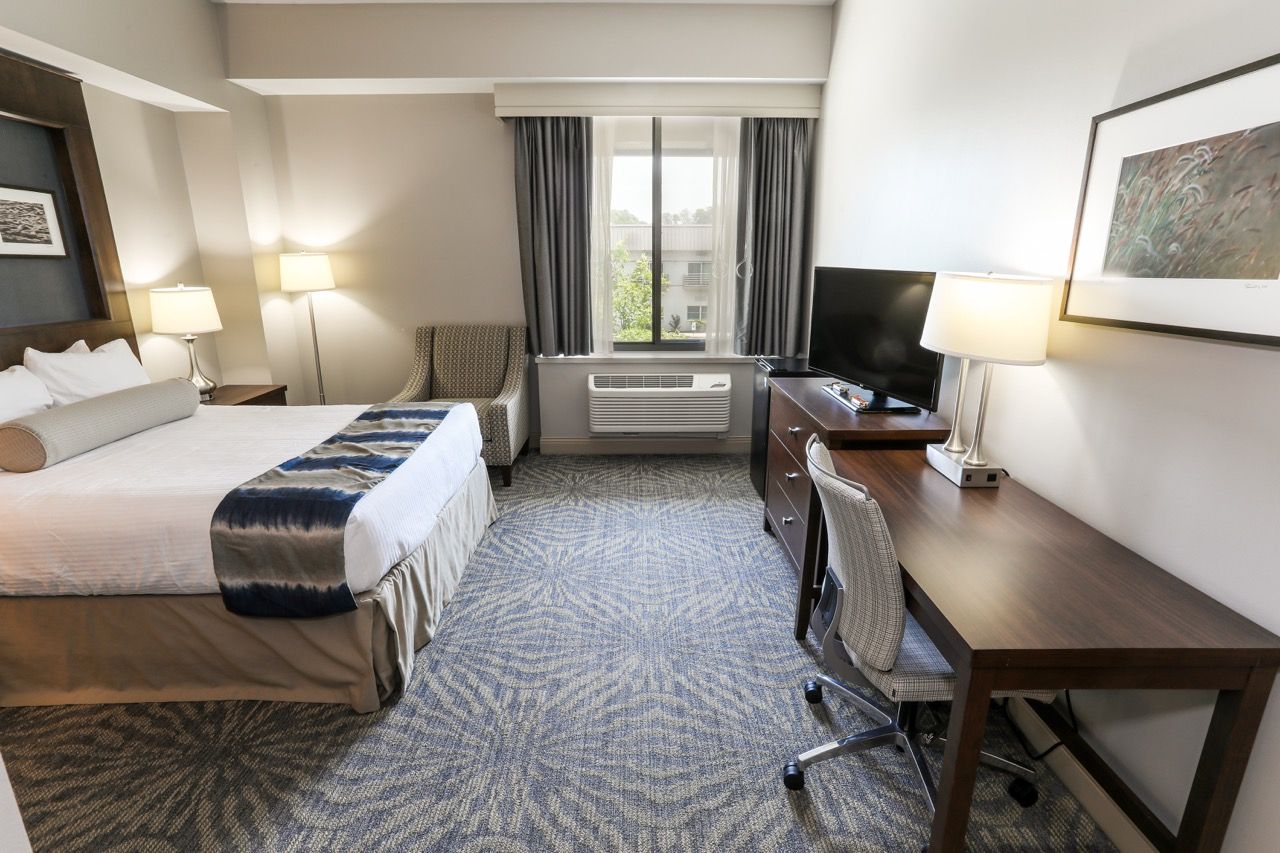 image Comfortable guest room with a plush bed, work desk, and large window for natural light.