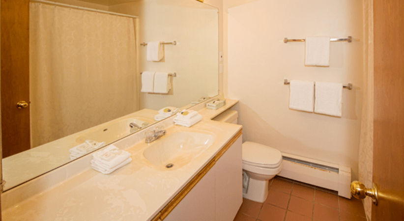 image In the bathroom, a clean and practical layout features a spacious vanity area with fresh towels neatly arranged, complementing the overall comfort of the condo.