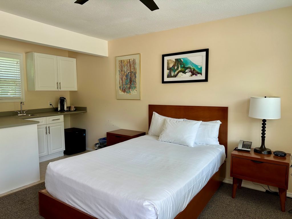 image Inviting studio space with a plush bed and simple comforts for a restful retreat.