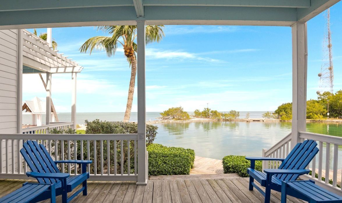 image Private covered patio with Adirondack seating and peaceful waterfront views
