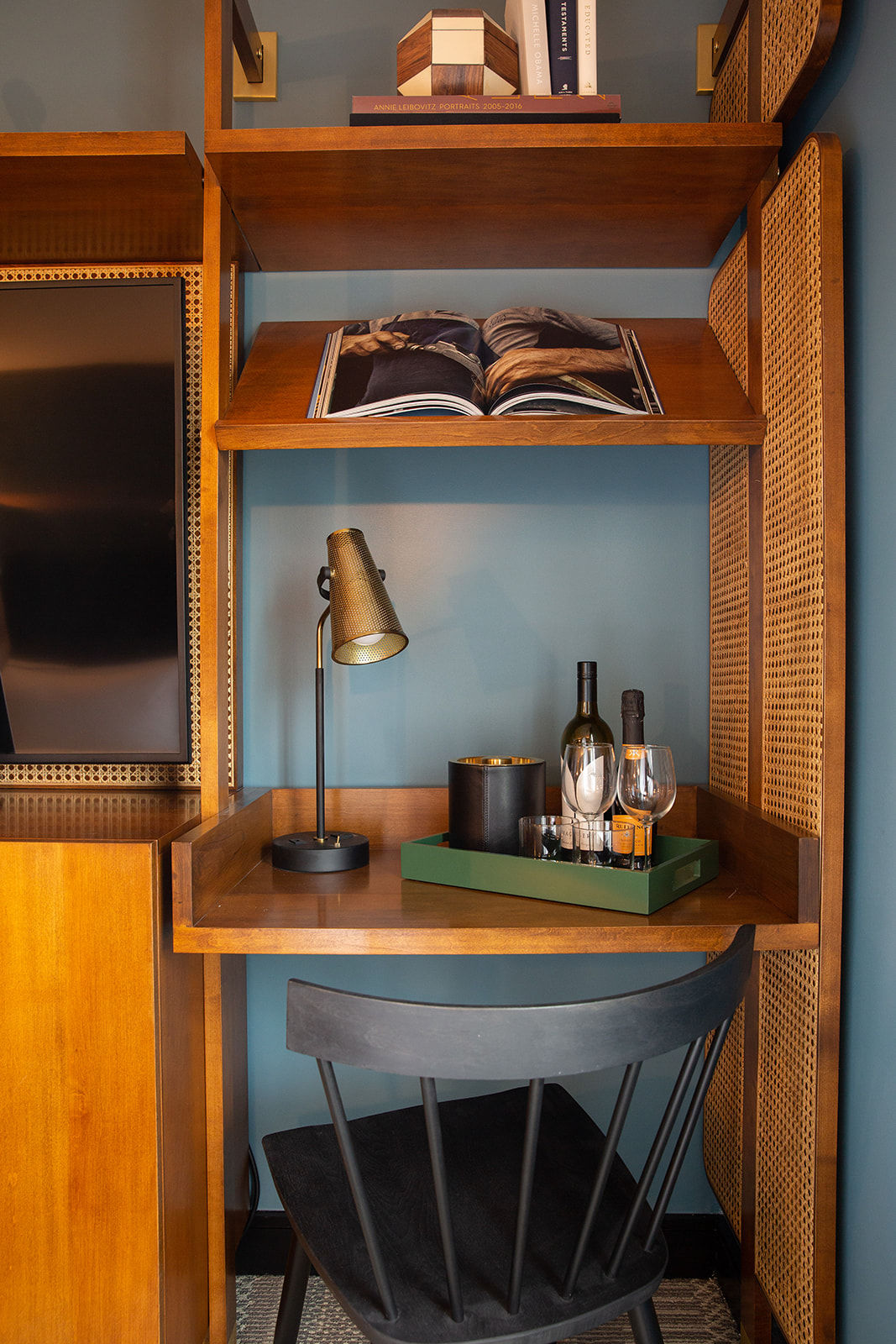 image Cozy workspace with mid-century charm, featuring warm wood tones and soft lighting for an inviting ambiance.