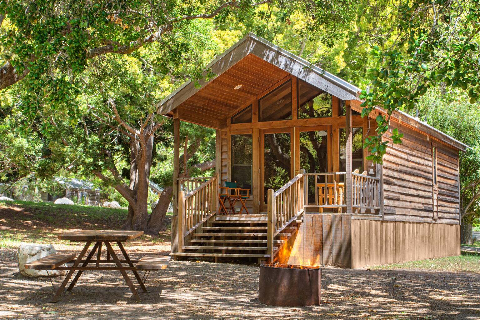 image Experience the perfect blend of rustic charm and outdoor adventure in this cozy cabin retreat, complete with a fire pit for evenings under the stars.