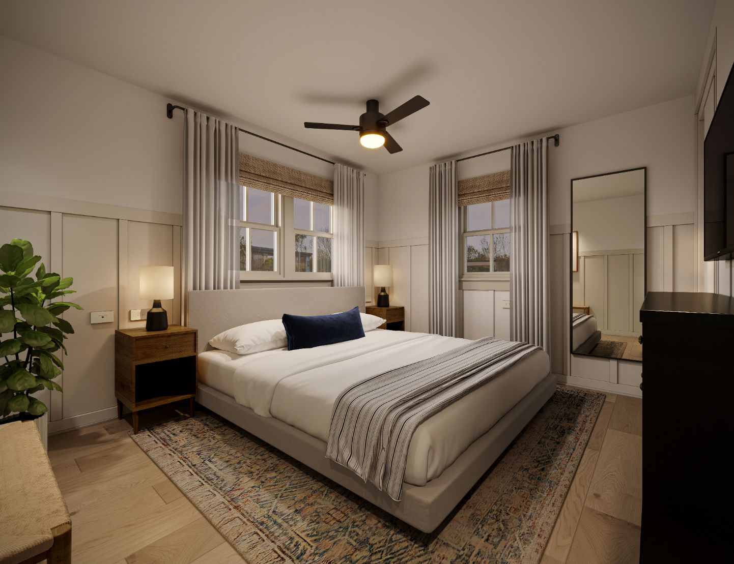 image A cozy and contemporary bedroom featuring warm lighting and elegant decor for a restful retreat.