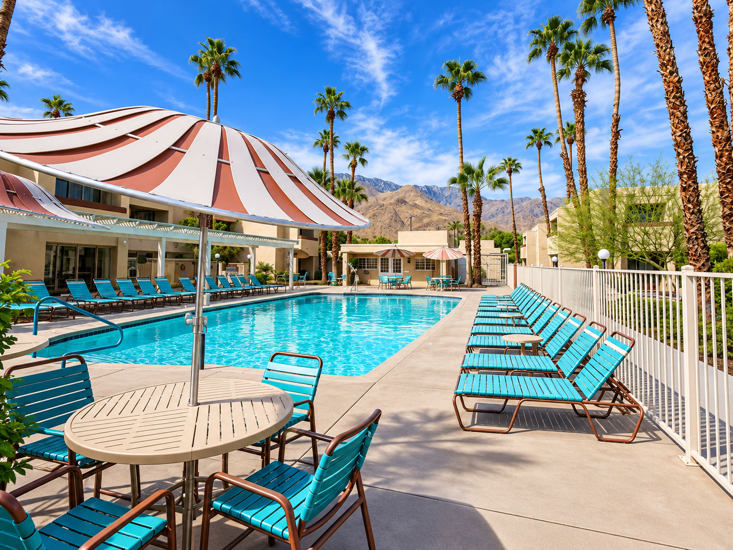 image Outdoor pool with lounge chairs, striped umbrellas, and palm trees