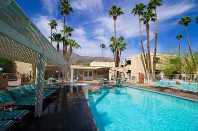 The outdoor pool area surrounded by palm trees invites relaxation and leisure, complemented by mountain views and a nearby shared hot tub for the ultimate desert retreat experience.