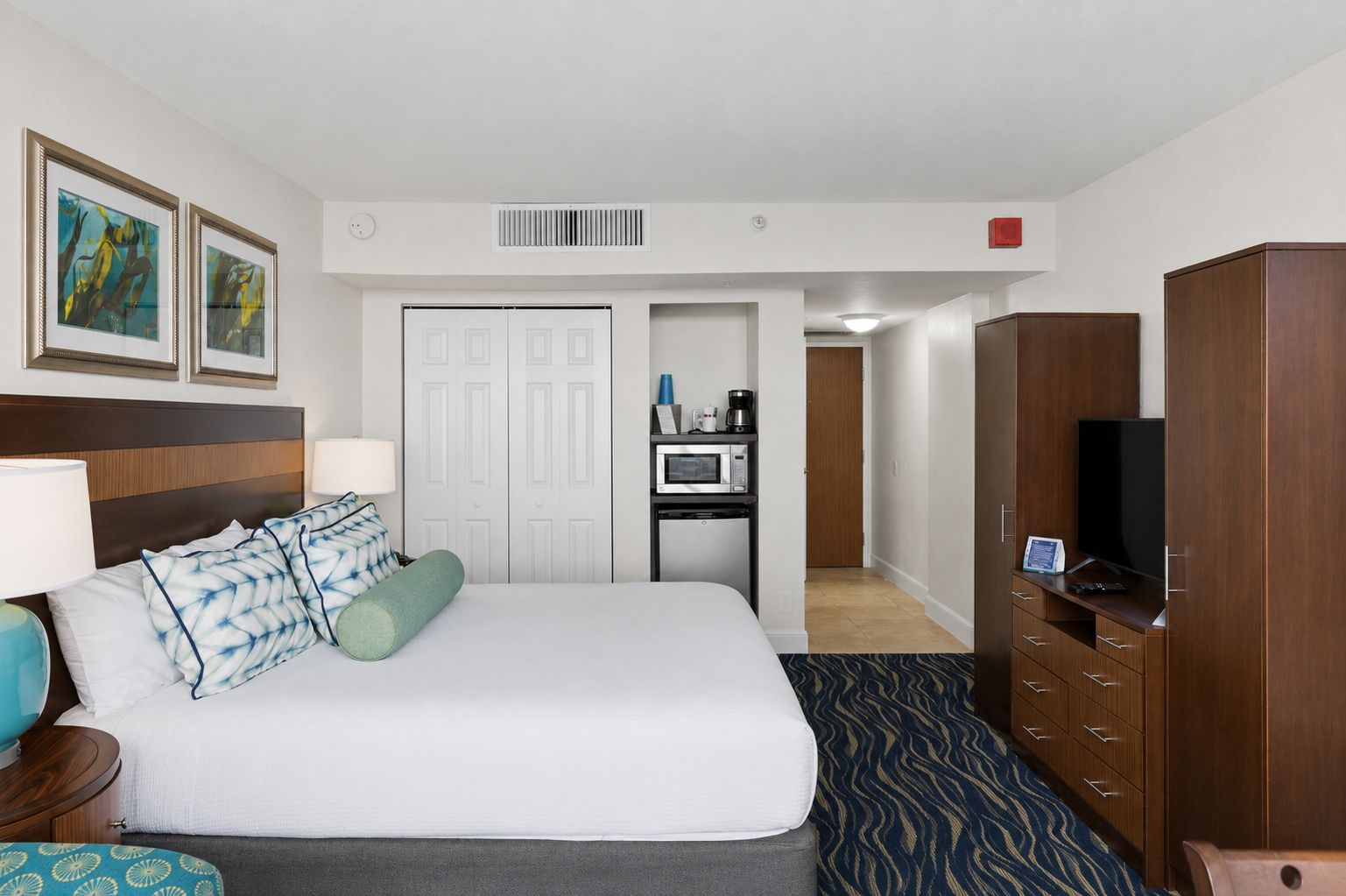 image Studio main room with kitchenette and king bed.