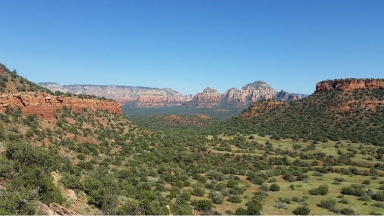 image A stunning view of Sedona's majestic red rock formations and vibrant greenery, perfect for experiencing the serene desert landscape.