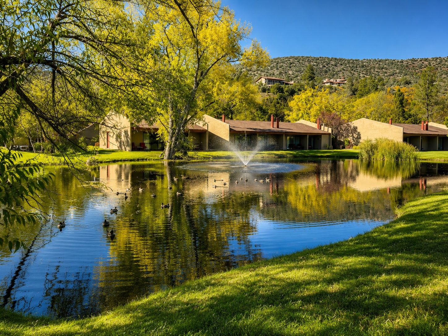 image With breathtaking red rock views and lush expansive lawns, this stunning property invites visitors to immerse themselves in the natural beauty of Sedona while relaxing by the tranquil pond.