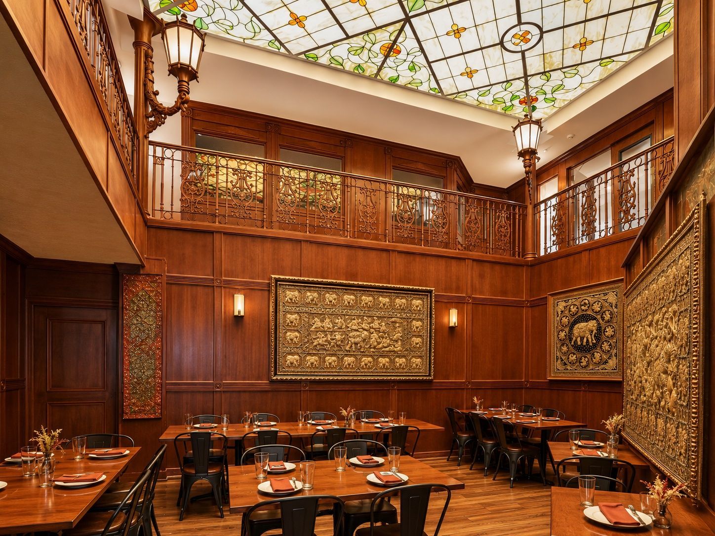 image Elegant dining room with wooden decor and seating.