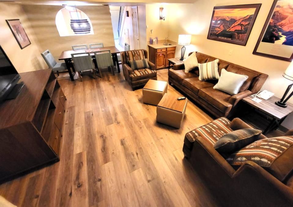 image This inviting living area in the Villas of Sedona features vaulted ceilings, modern amenities, and comfortable furnishings, perfect for relaxation after a day of adventure.