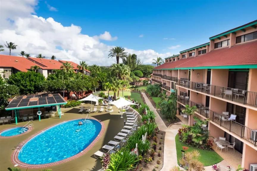 image A vibrant resort scene featuring a glistening swimming pool surrounded by loungers, palm trees, and a well-maintained garden, all framed by a clear blue sky.