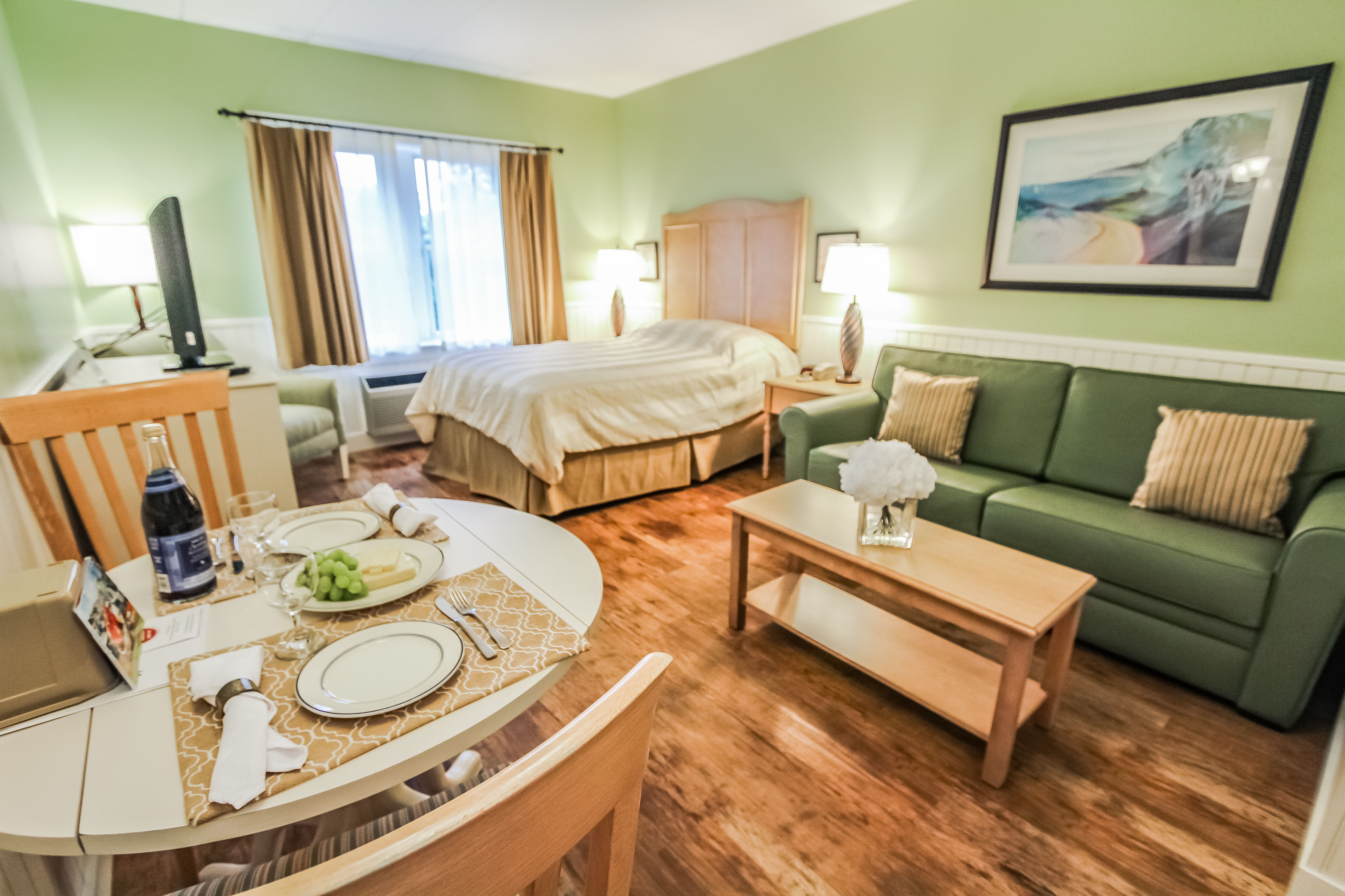 image This charming studio offers a cozy living space with a Murphy bed, sleeper sofa, and kitchenette, making it an ideal retreat for couples or small families.