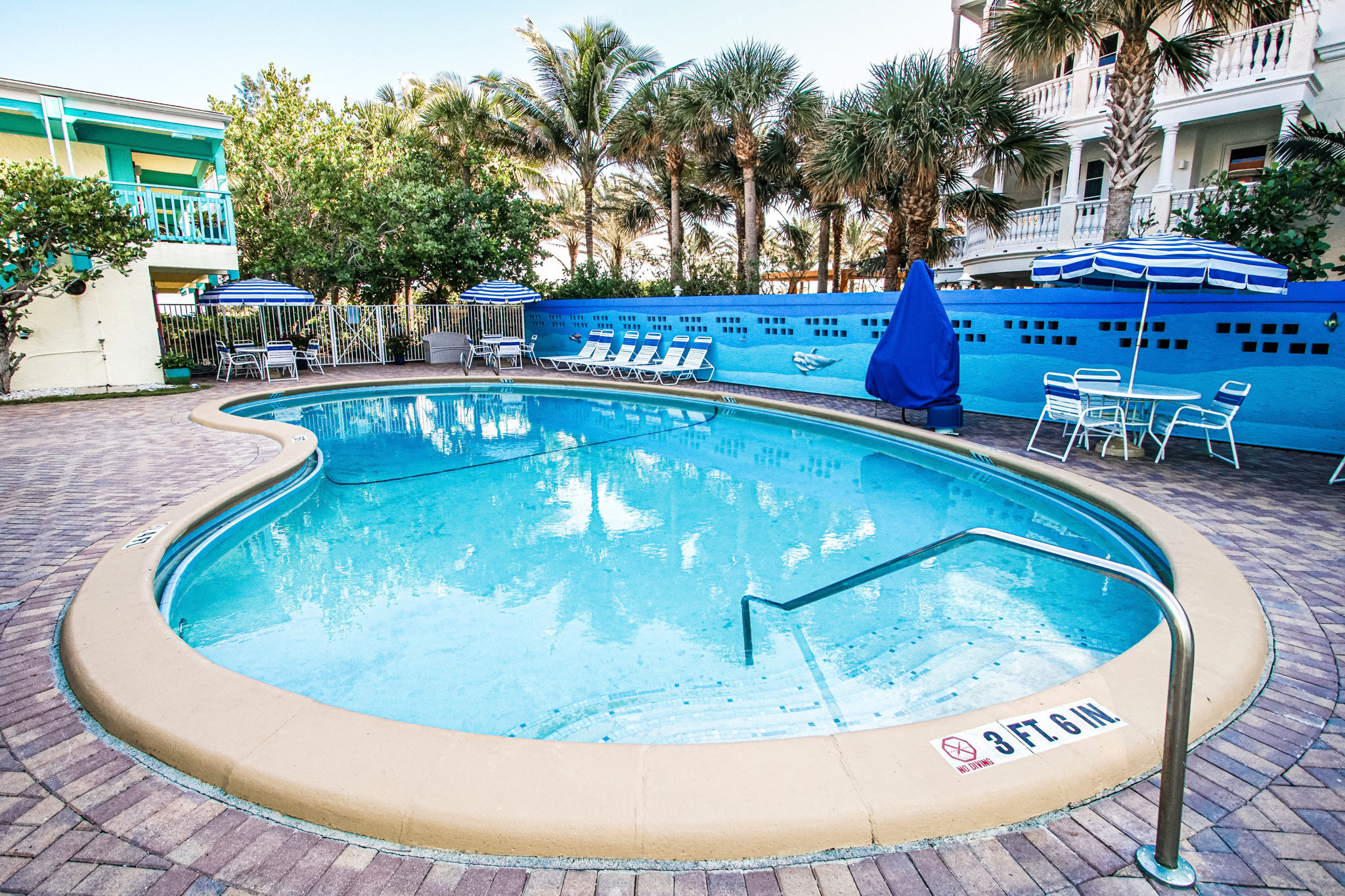 image Dive into relaxation at this oceanfront studio apartment featuring a year-round outdoor pool surrounded by tropical palms, perfect for sunny days.