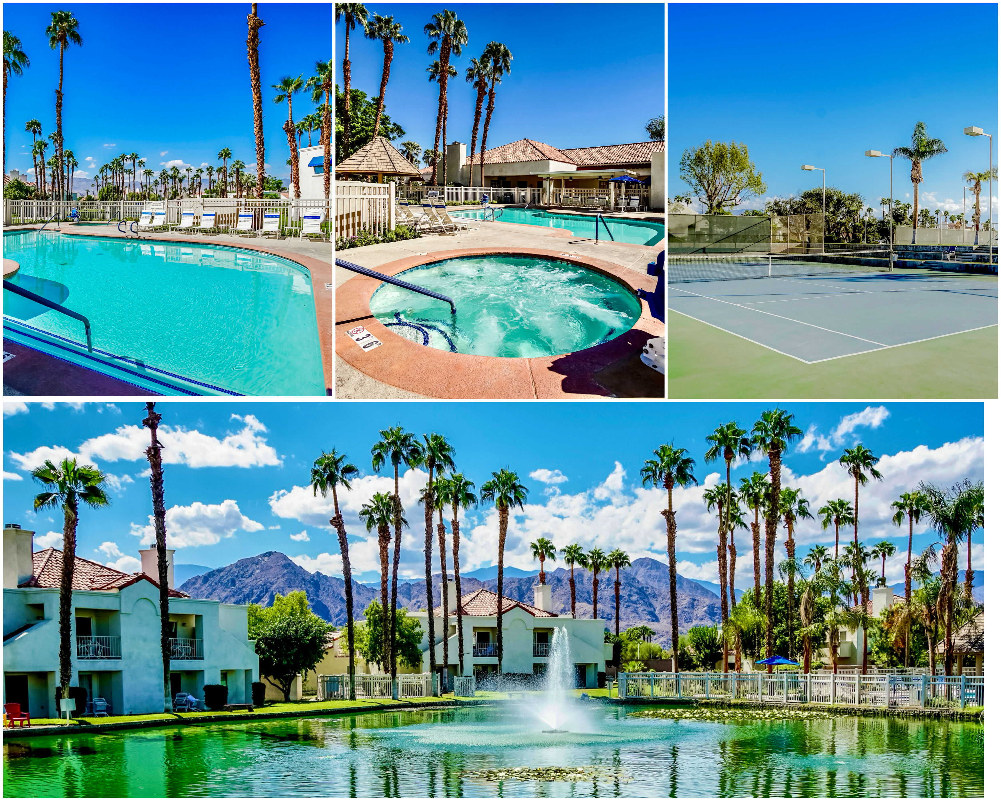 image Enjoy the luxurious resort experience with access to glistening pools, a rejuvenating hot tub, and a sauna nestled among palm trees, perfect for families and multi-generational travelers.