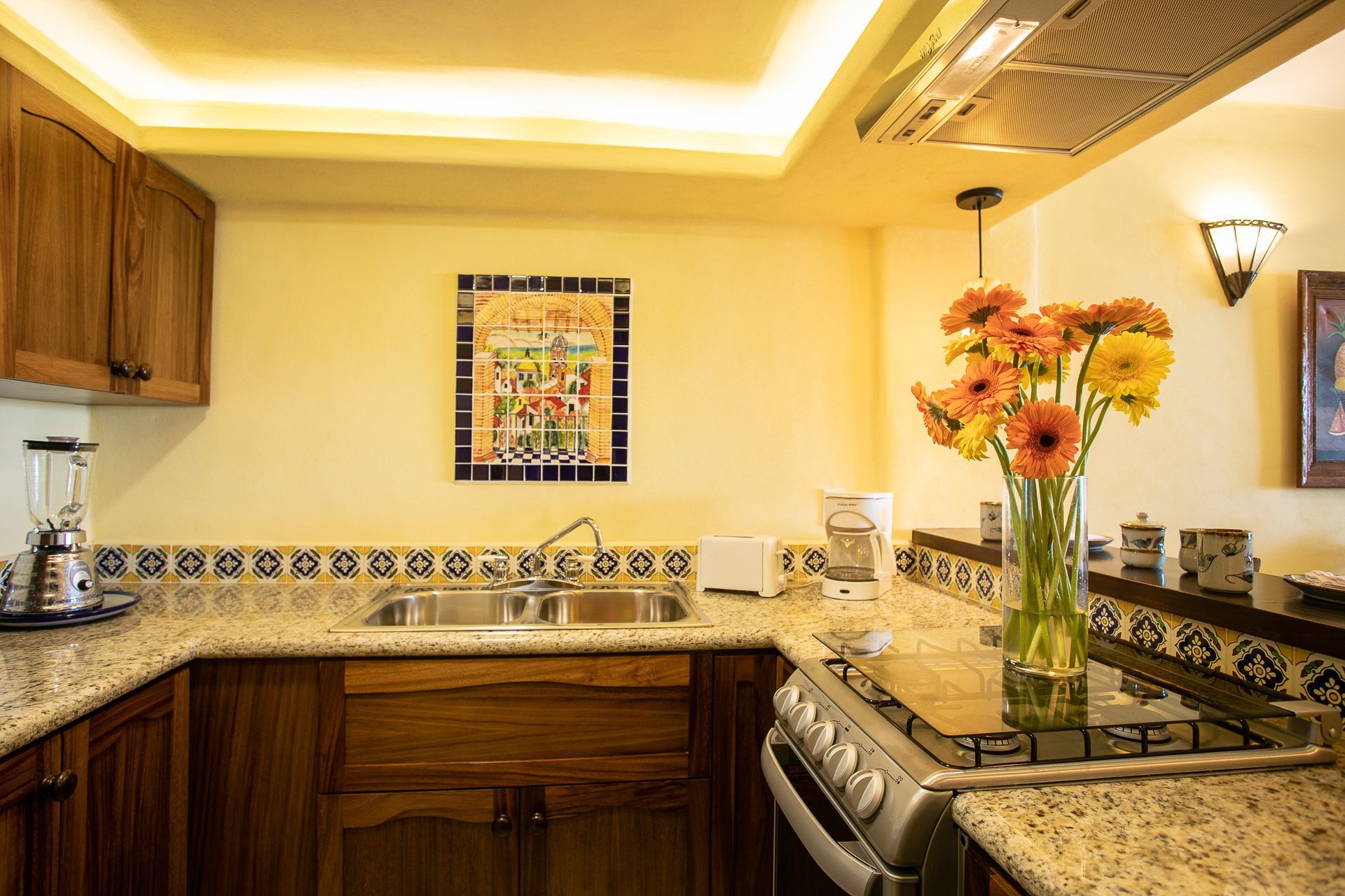 image The cozy kitchen is adorned with traditional Mexican tiles and vibrant flowers, creating an inviting atmosphere for culinary adventures.