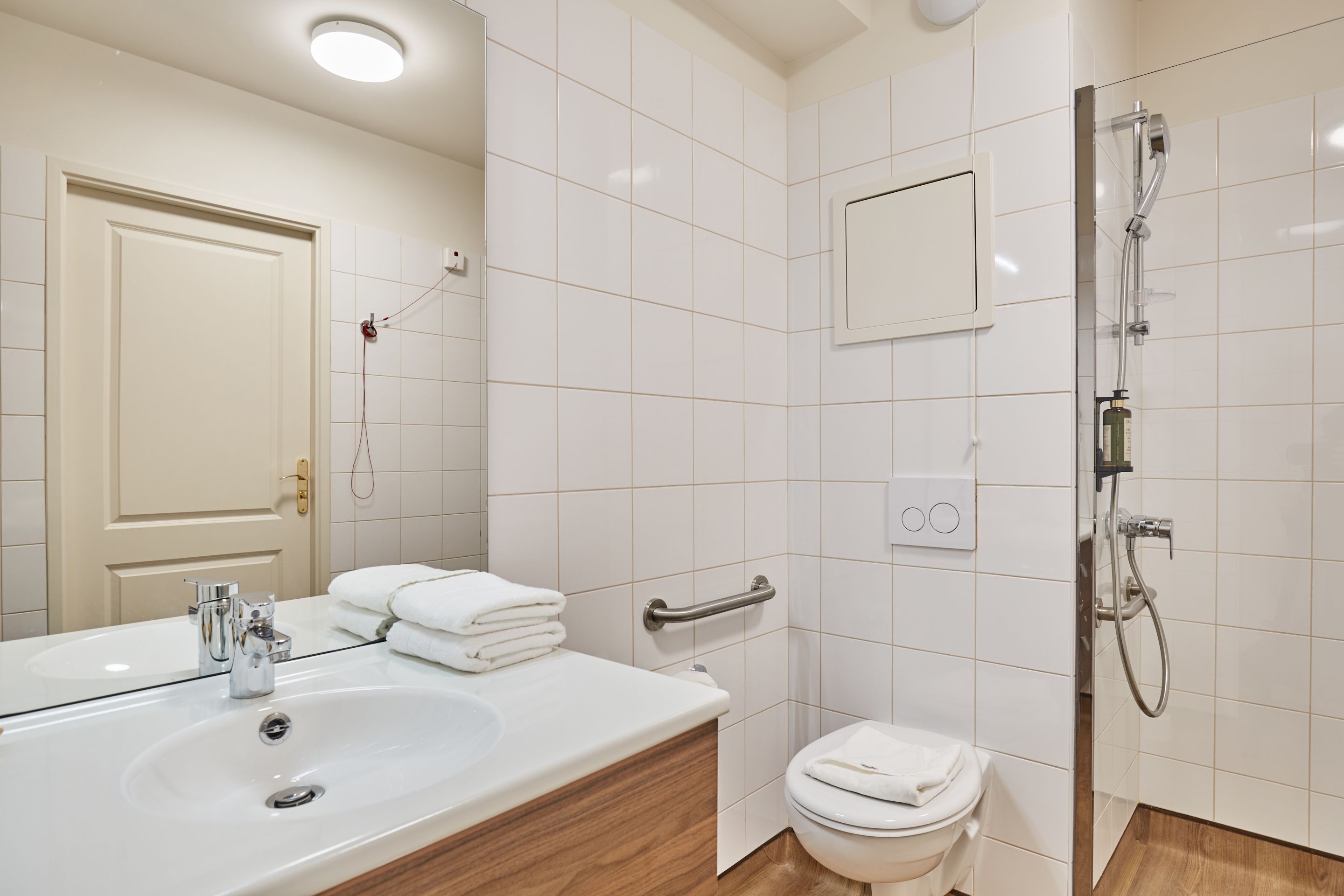 image Modern, accessible bathroom with walk-in shower, support bars, and sleek white tiling for a seamless experience.