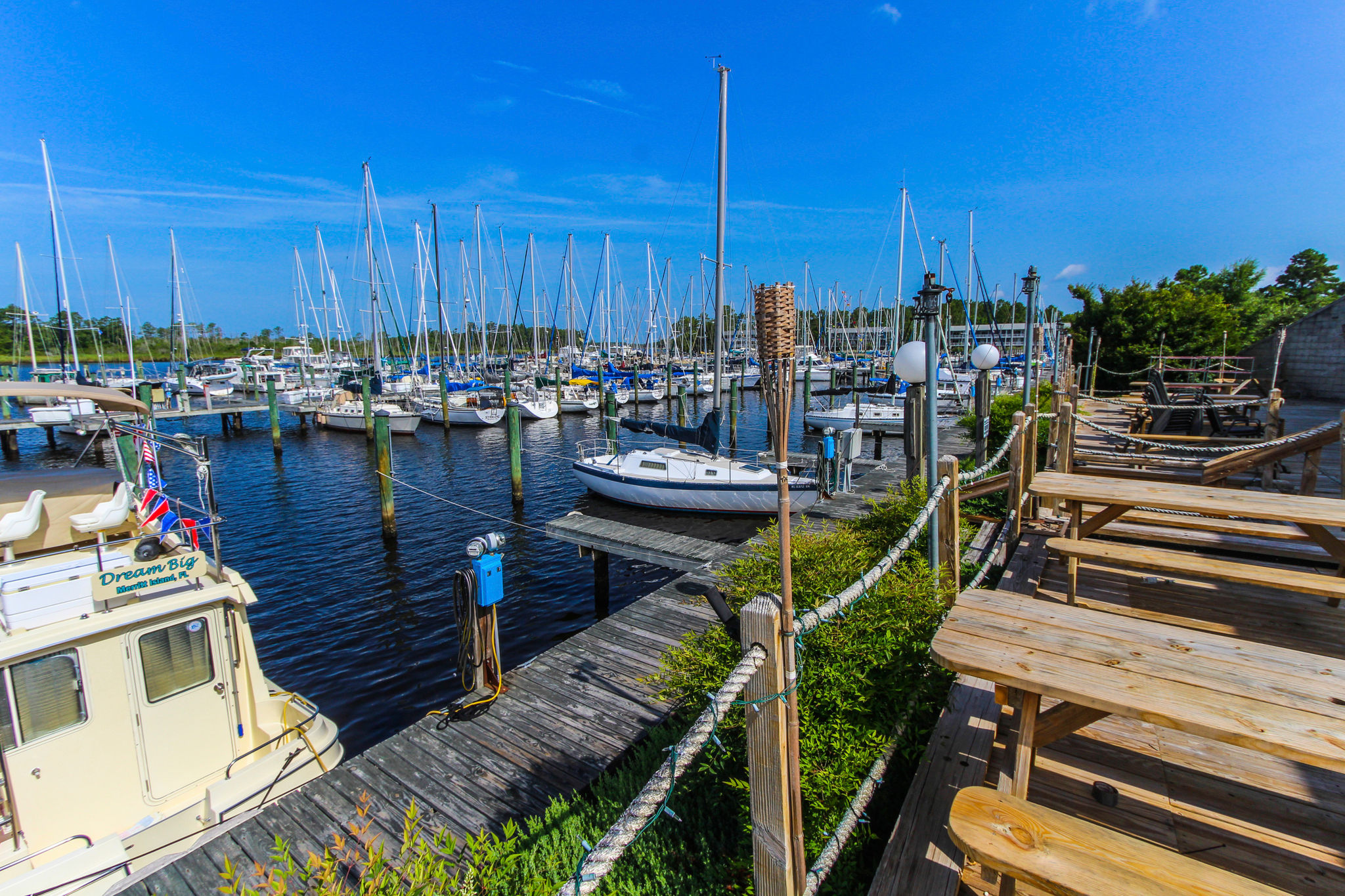 image A picturesque marina scene unfolds, showcasing a variety of sailboats gently bobbing in the water against a backdrop of clear blue skies and lush greenery.