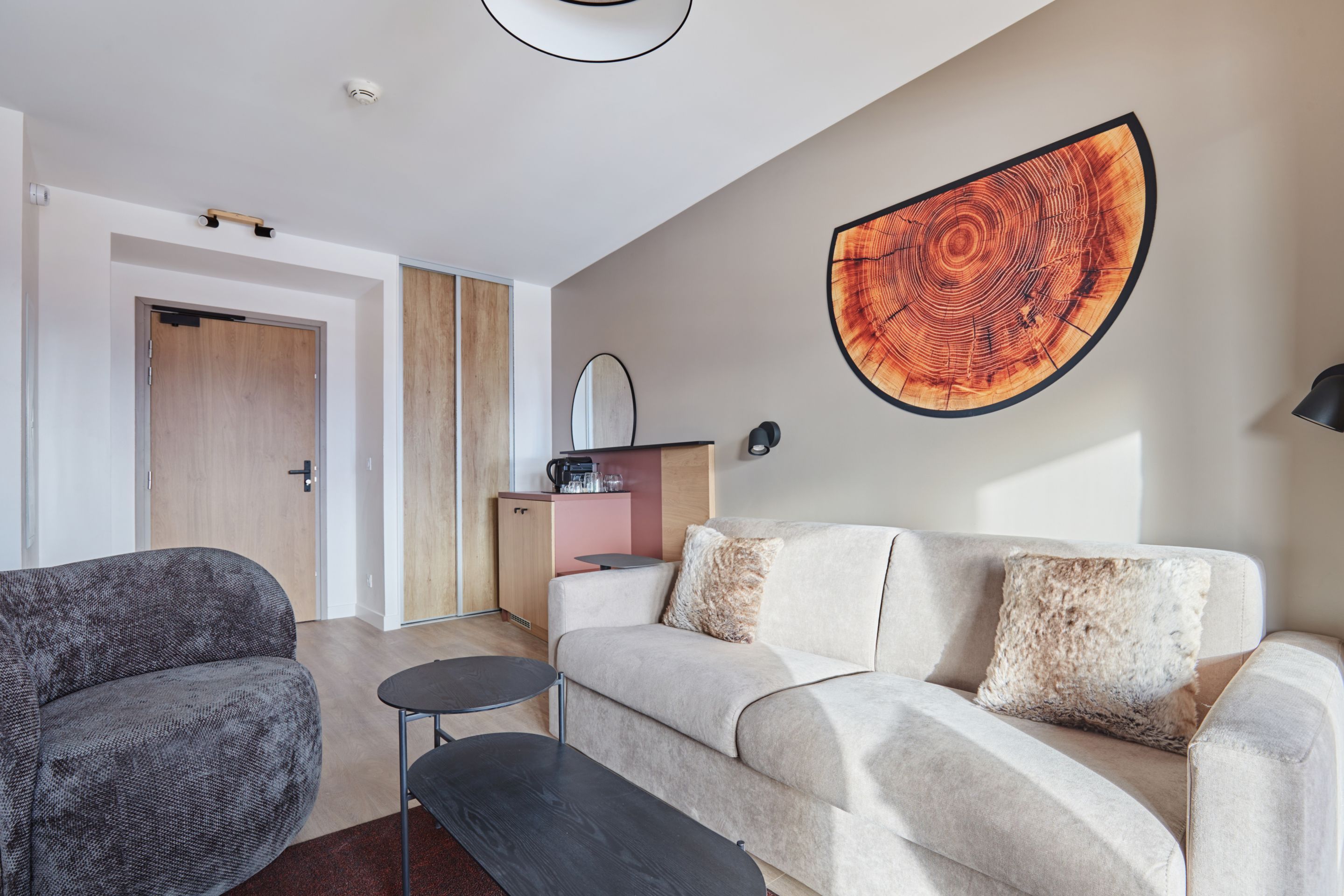 image Living area with a light sofa, black coffee table, and dark red rug — the sofa opens into a double bed for extra guests.