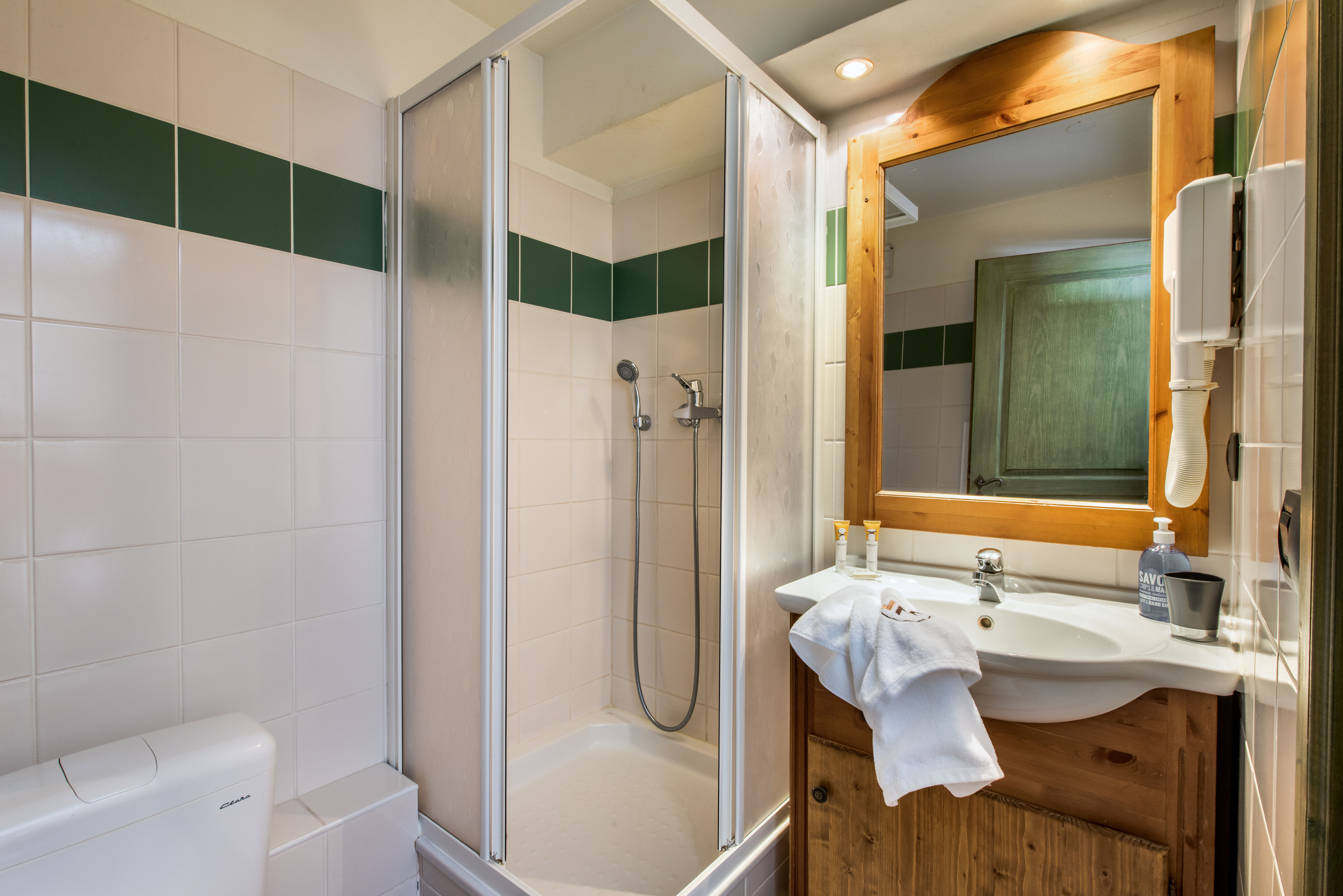 image Modern bathroom with walk-in shower and wood-accented vanity.