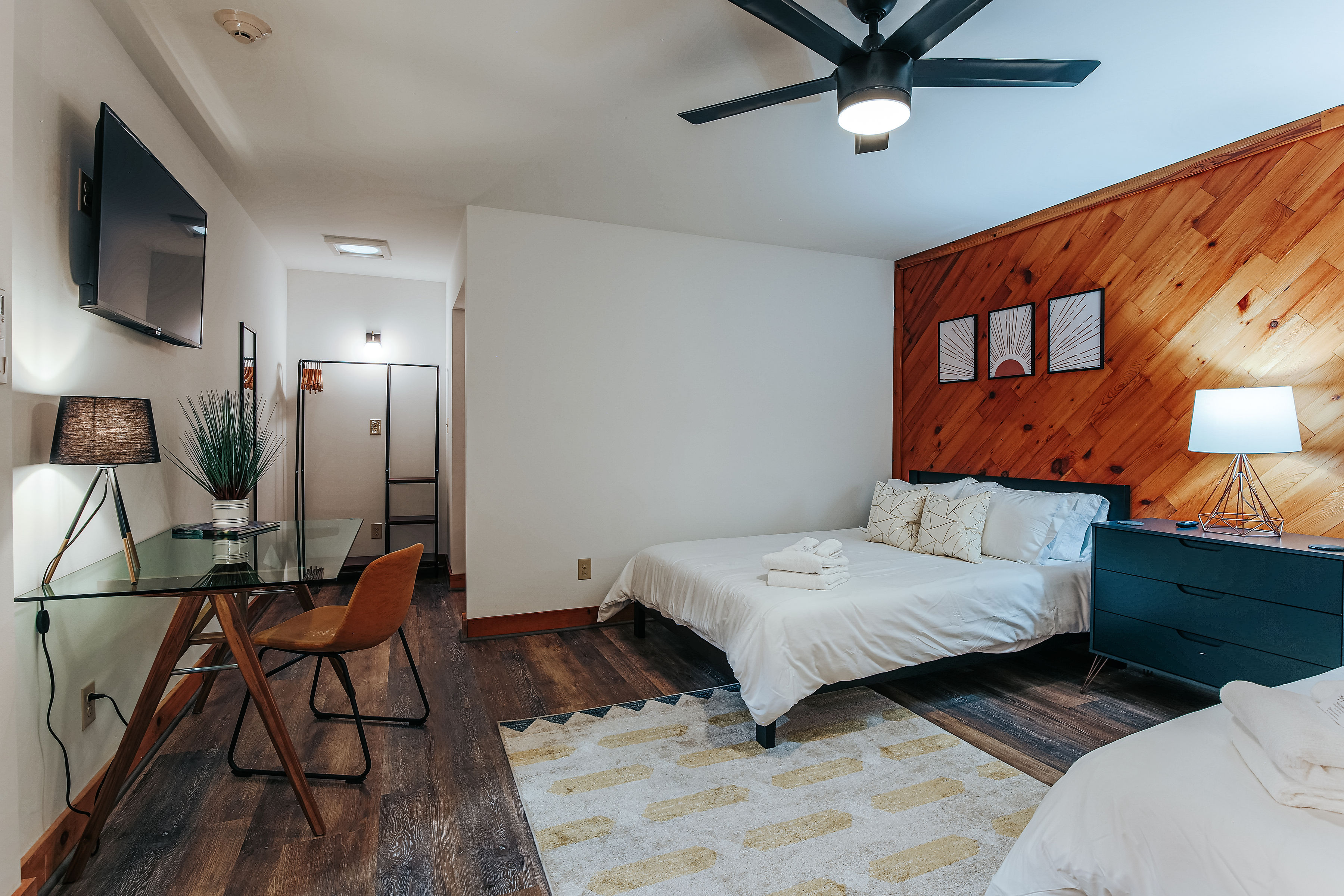 image Spacious interiors blend workspace with cozy accommodations for work or leisure. 