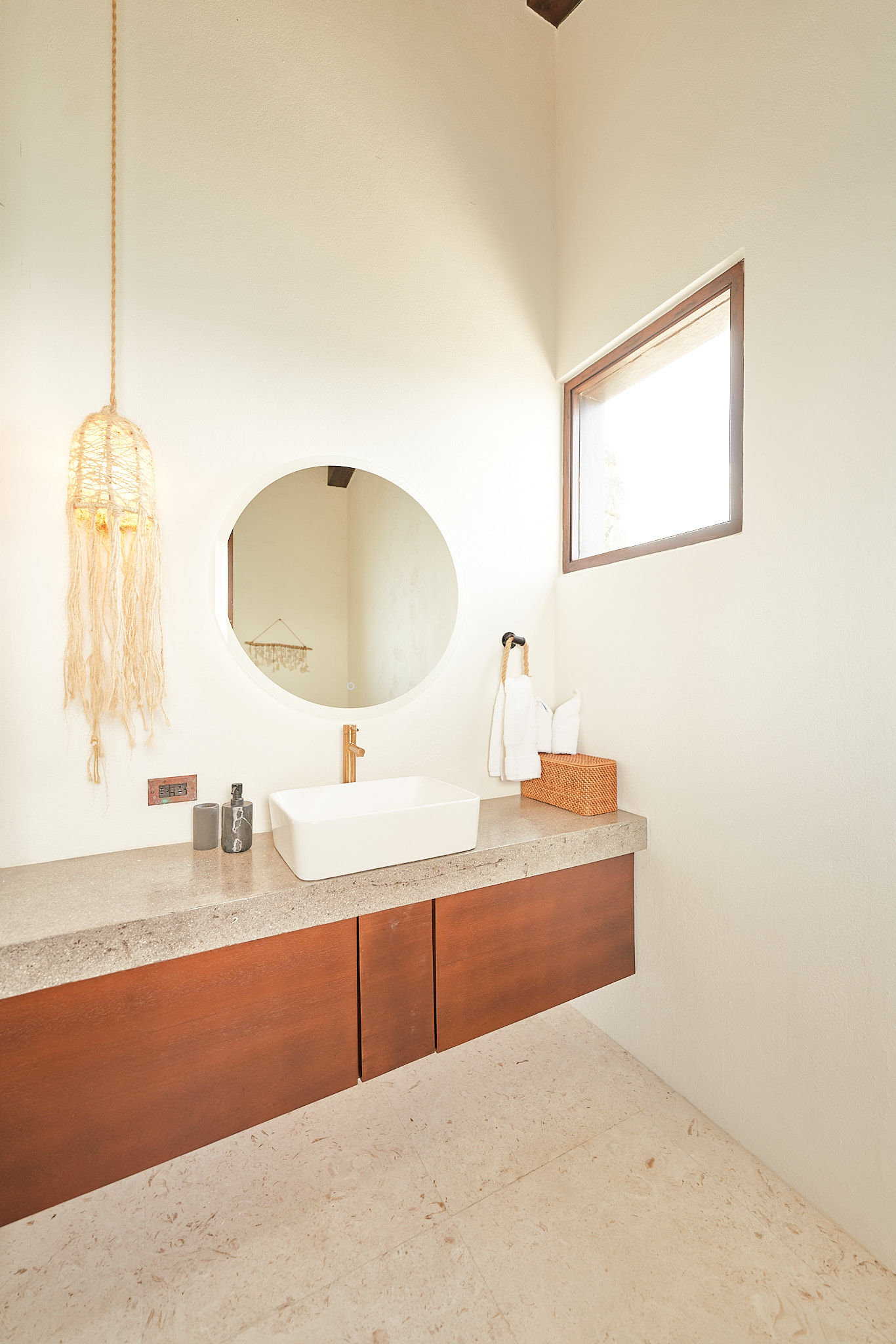 image Modern bathroom with minimalist design and warm wooden accents.