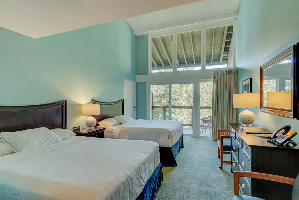 image This cozy Forest View 2 Queen Bedroom features two inviting queen beds alongside a spacious sitting area, all bathed in natural light from the large balcony that offers serene forest views.