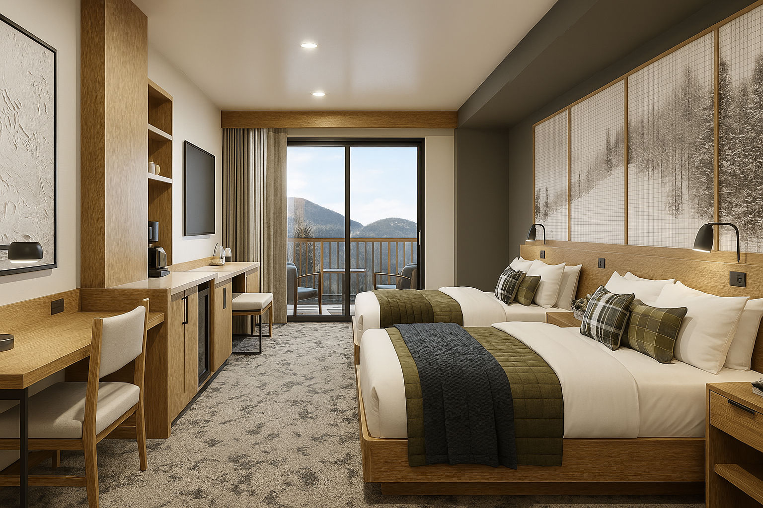 image Elegant alpine room with two plush queen beds, warm mountain décor, and a private balcony for taking in fresh alpine air and scenic views.