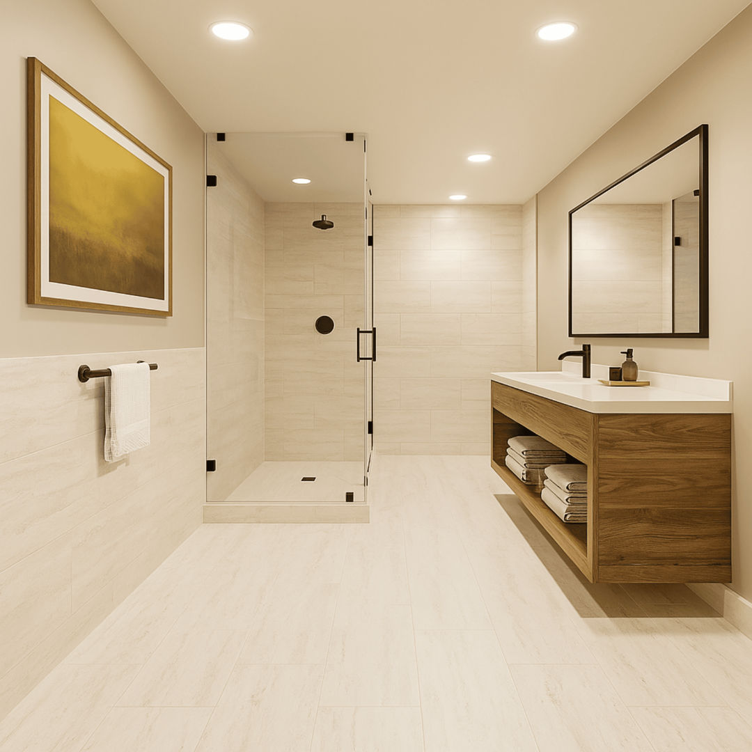 image Modern bathroom with sleek finishes and a spacious walk-in shower, offering a refreshing retreat after mountain adventures.