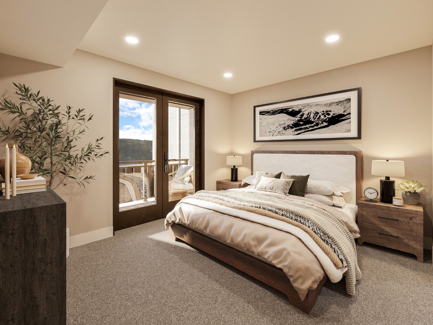 image Soft lighting and earthy tones set a calming atmosphere in the bedroom, where plush bedding and serene décor invite deep rest.